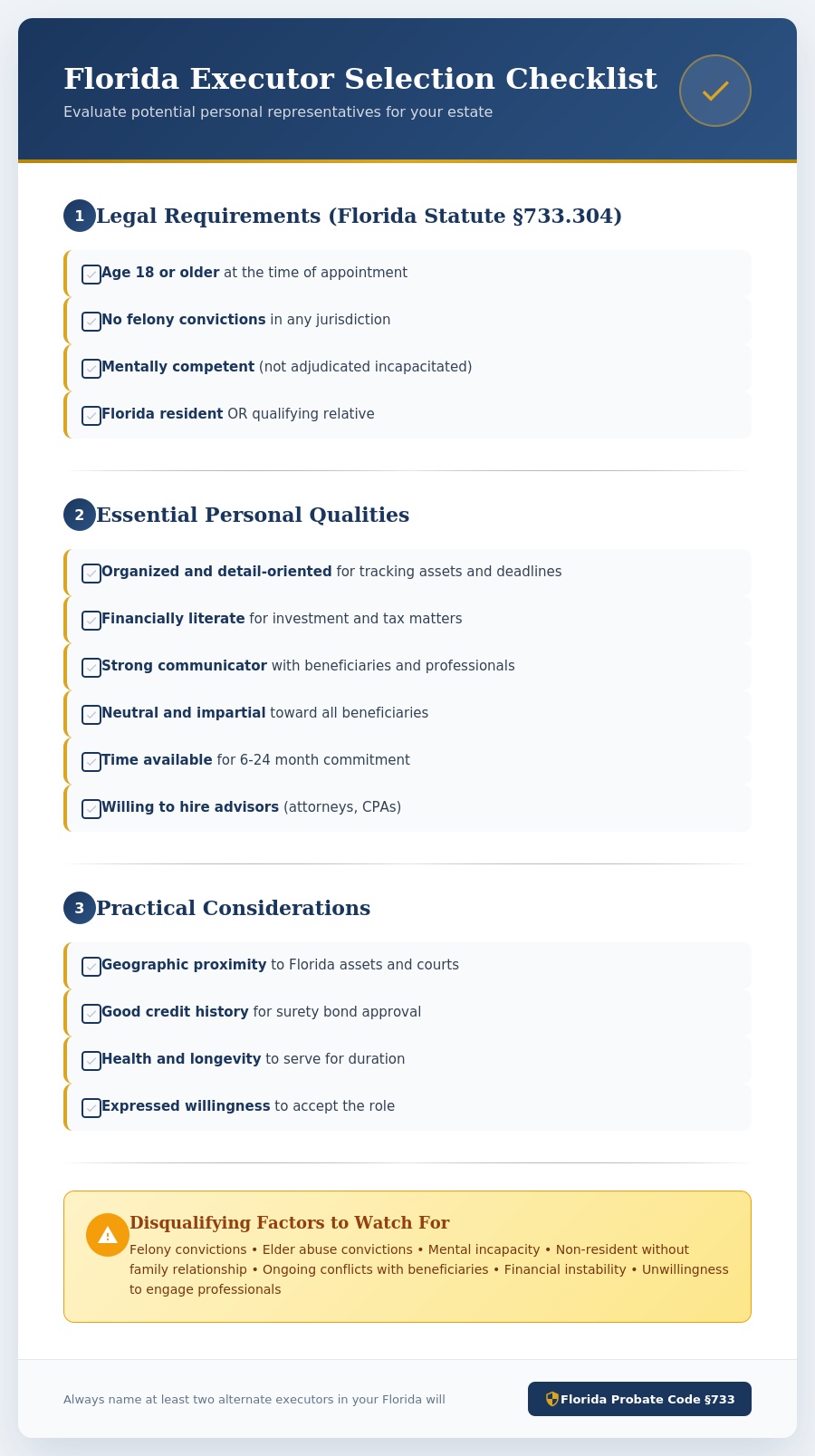 florida executor selection checklist